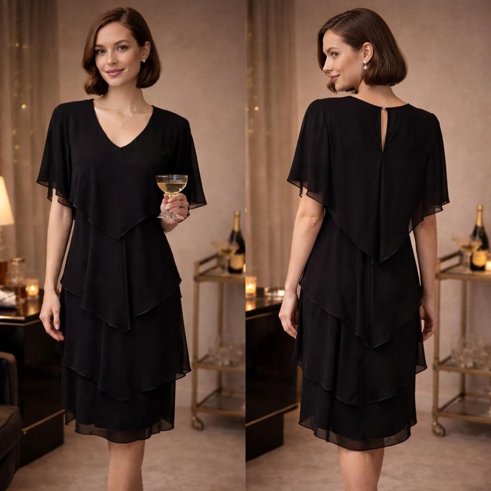 Vintage 80s Dress Cattiva New York Black Chiffon Layered Cocktail USA Minimalist